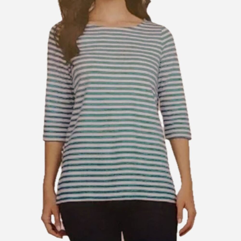 Lands' End Women's Top T-Shirt 3/4 Sleeve Boatneck Blue White Stripes Small